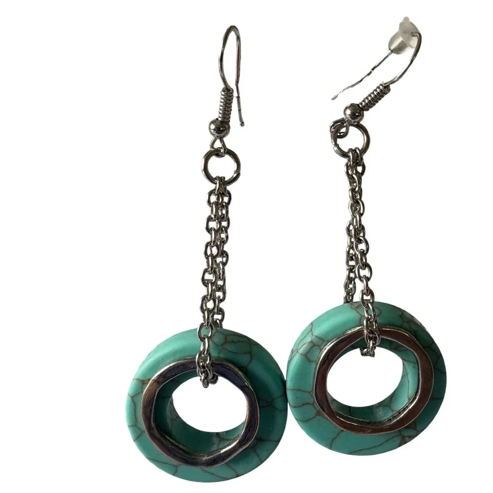 Silver Tone Long Turquoise Faux Stone Chain Necklace and Drop Earring‎ Set Boho
